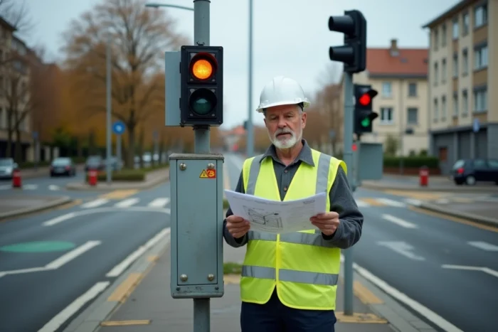 Technicien inspectant le boîtier de contrôle d'un feu rouge équipé d'un radar en zone périurbaine