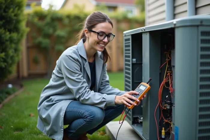 Technicienne mesurant les performances d'une pompe à chaleur résidentielle avec un multimètre numérique dans un jardin de banlieue