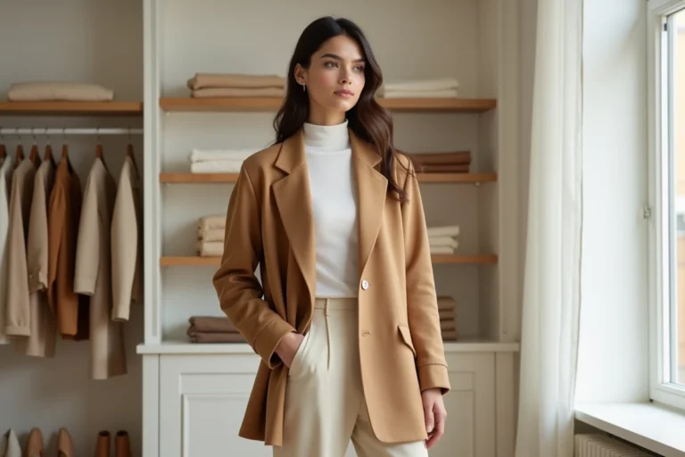 Femme en blazer camel oversize et pantalon large dans une boutique de mode parisienne, tendances mode automne-hiver
