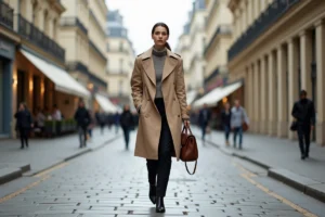 Femme élégante en trench coat beige marchant sur un boulevard haussmannien à Paris, style mode parisienne tendance