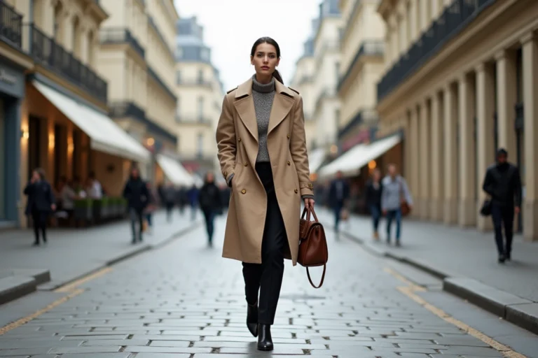 Femme élégante en trench coat beige marchant sur un boulevard haussmannien à Paris, style mode parisienne tendance