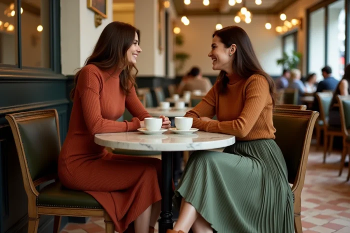 Deux femmes stylées en tenues tendance dans un café parisien, robe en maille rouille et jupe plissée vert sauge