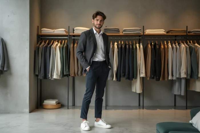 Homme tendance en blazer charcoal explorant un concept store minimaliste parisien, mode masculine contemporaine