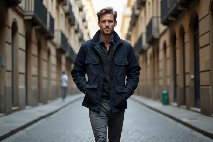 Homme en veste utility marine marchant dans une rue pavée parisienne, tendances mode masculine saison actuelle