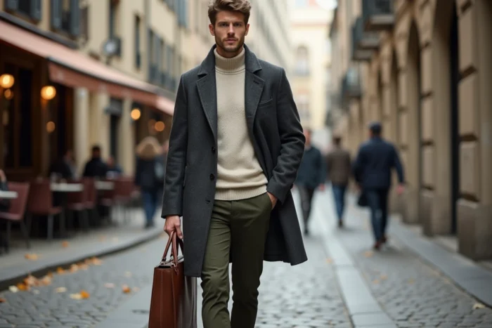 Homme stylé en manteau en laine gris et col roulé ivoire marchant dans une rue pavée européenne, exemple de tenue masculine élégante et tendance