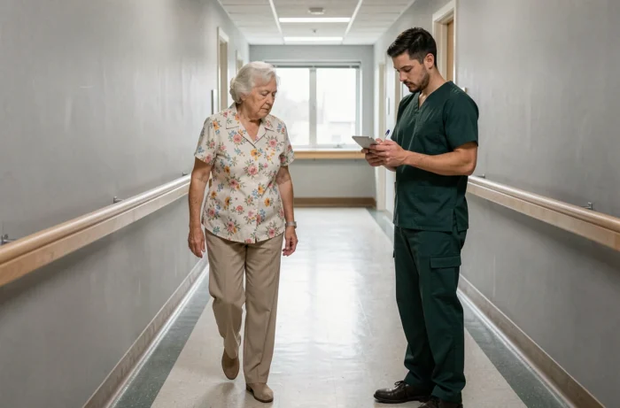 Infirmier observant une femme âgée effectuer un test de marche et d'équilibre dans un couloir hospitalier