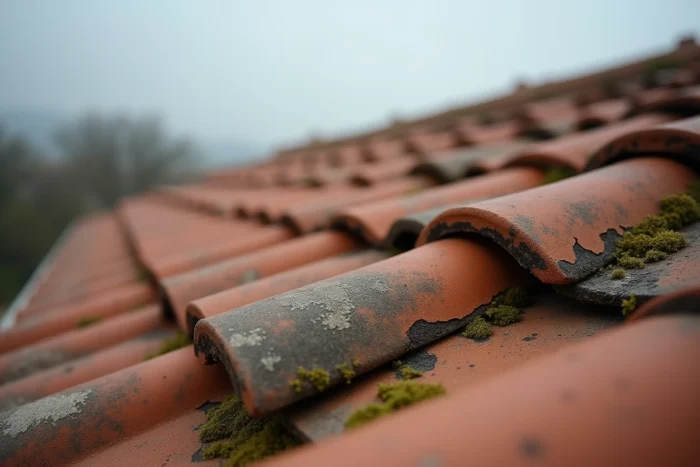 Gros plan sur des tuiles de toiture poreuses présentant mousse, fissures et taches d'humidité