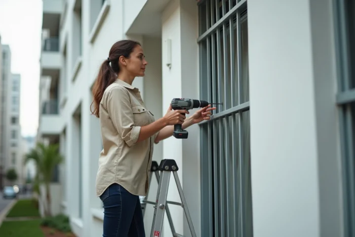 Femme effectuant la vérification et le resserrage des fixations d'une grille de défense en acier sur une façade d'immeuble moderne