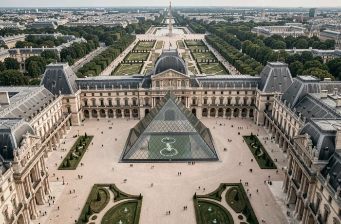 Vue aérienne orthogonale du Louvre et des jardins des Tuileries révélant la symétrie du jardin à la française et la pyramide de verre